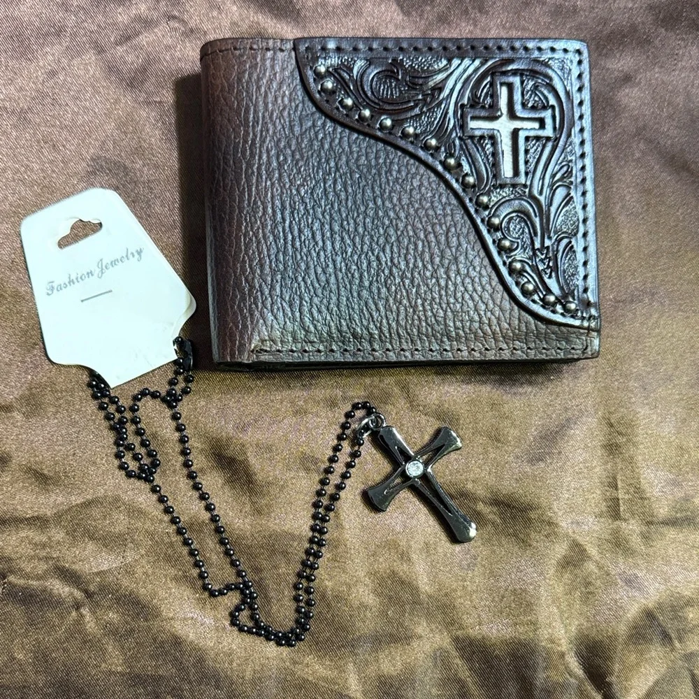 Ranger Belt Company Brown Leather Bifold Wallet + Cross Necklace‎ New with Box